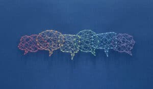six caption bubbles all interlinked together with blue background