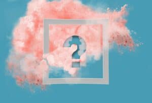 pink cloud behind a gray box with a question mark on the front